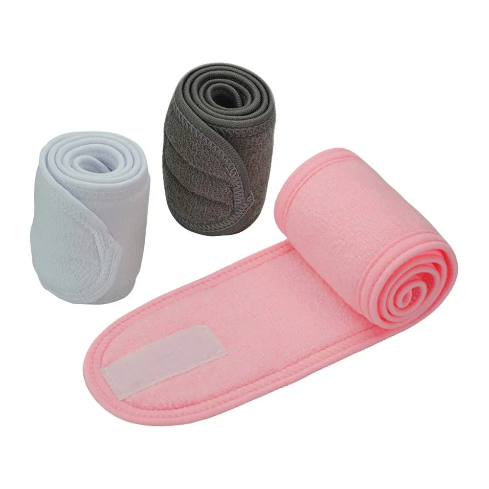Custom Embroidery Logo Flannel Headband Microfiber Coral Fleece SPA Wash Face Head Women Girl Makeup Headband with Magic Tape