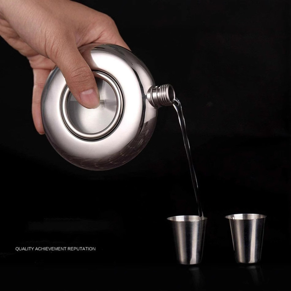 Stainless Steel Round Wine Bottle with Glass Decoration Portable Metal Wine Flask