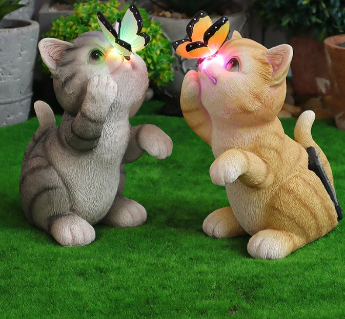 Solar Garden Statue Cute Cat Figurine Fun Color Changing LED Butterfly Light