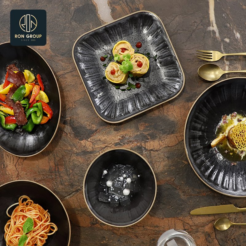 Minimalist Easy Cleaning Melamine Black Dinner Dessert Salad Catering Bowl Plate for Restaurant Hotel Tableware Dinnerware