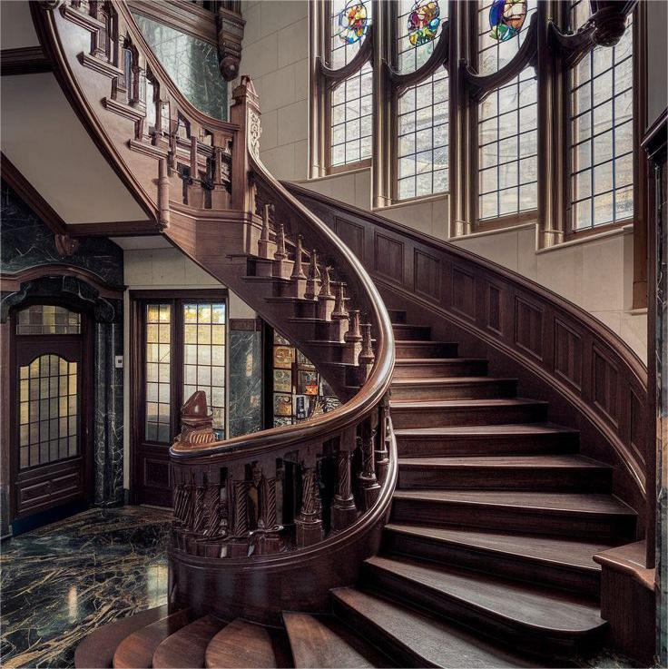 Retro-Style Curved Stairs Solid Wood with Easy DIY Installation Curved Type Featuring Curved Glass Handrails