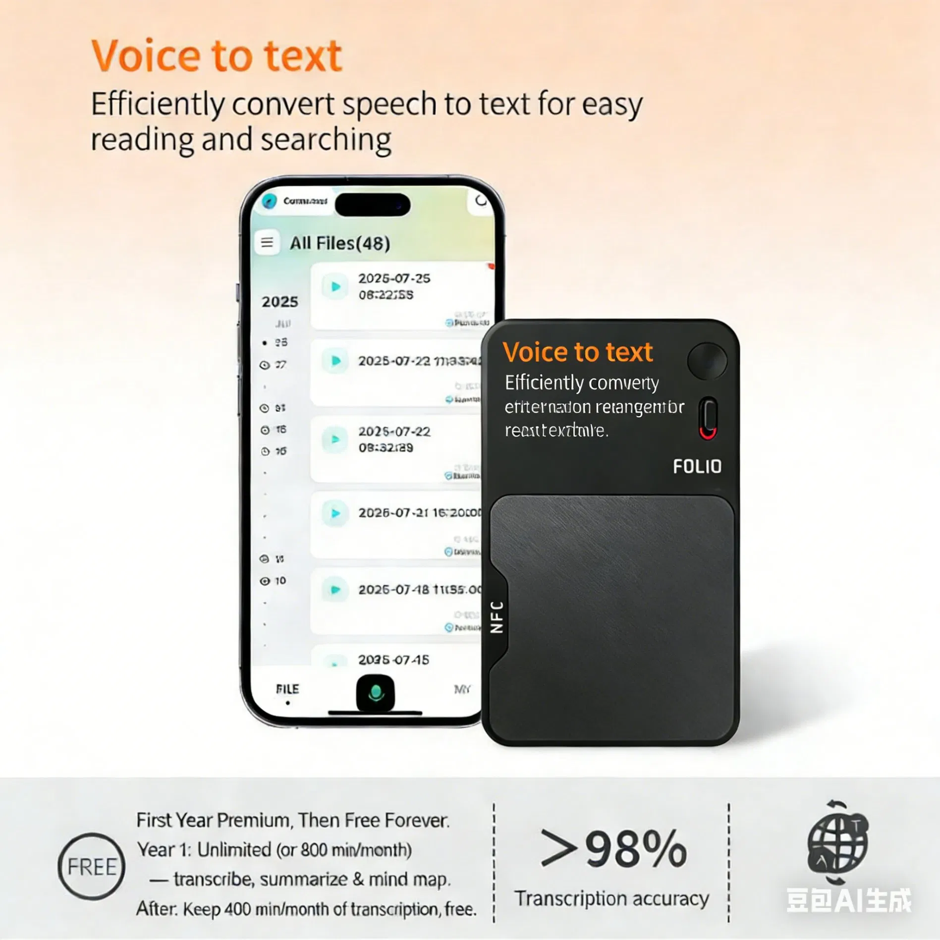 Ultra Slim 64GB Ai Voice Recorder Smart Digital Voice Recorder APP Audio