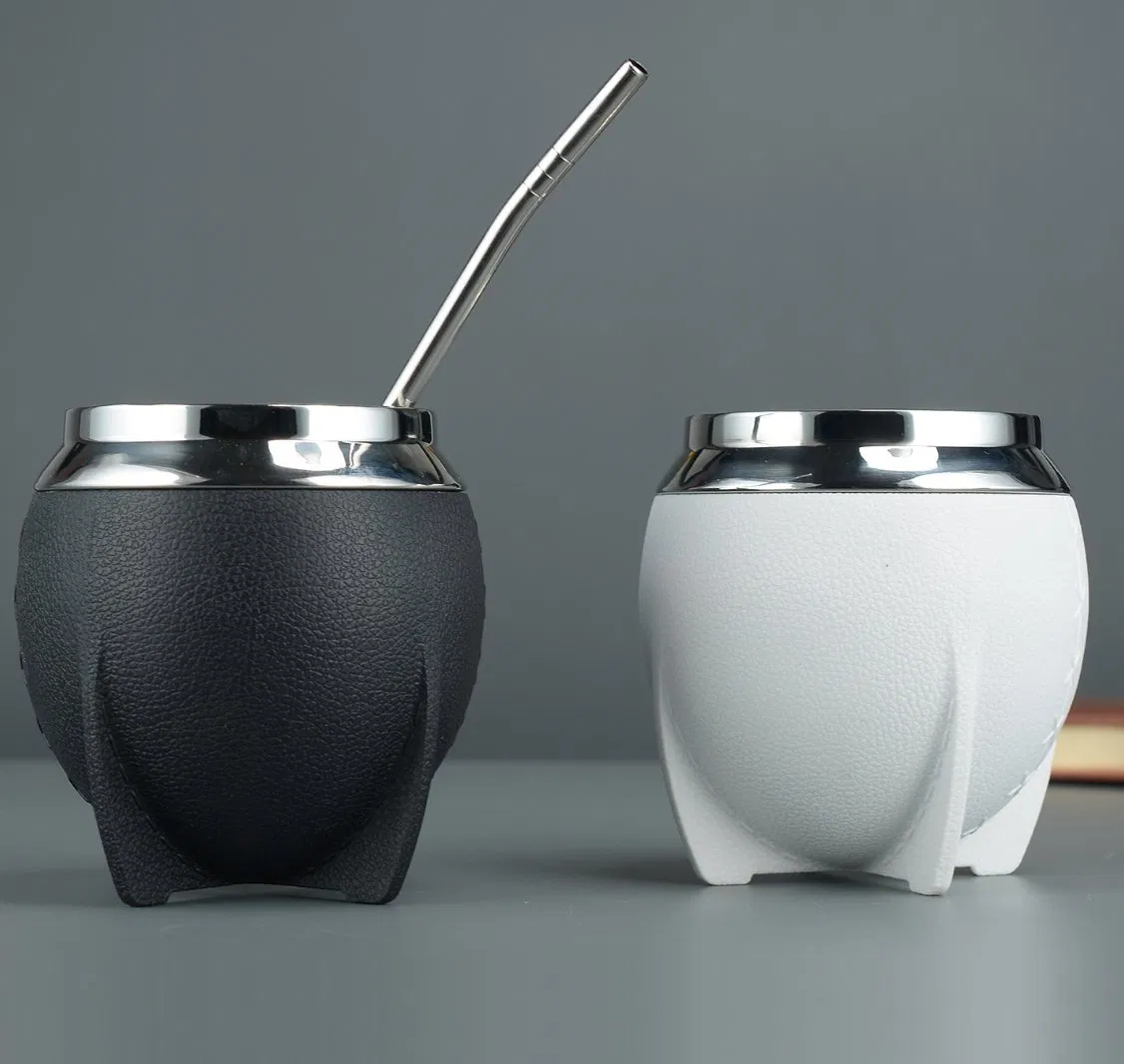 Customized Stainless Steel Vacuum Yerba Mate Cup with Leather Shell Insulated Gourd Mate Tea Cup