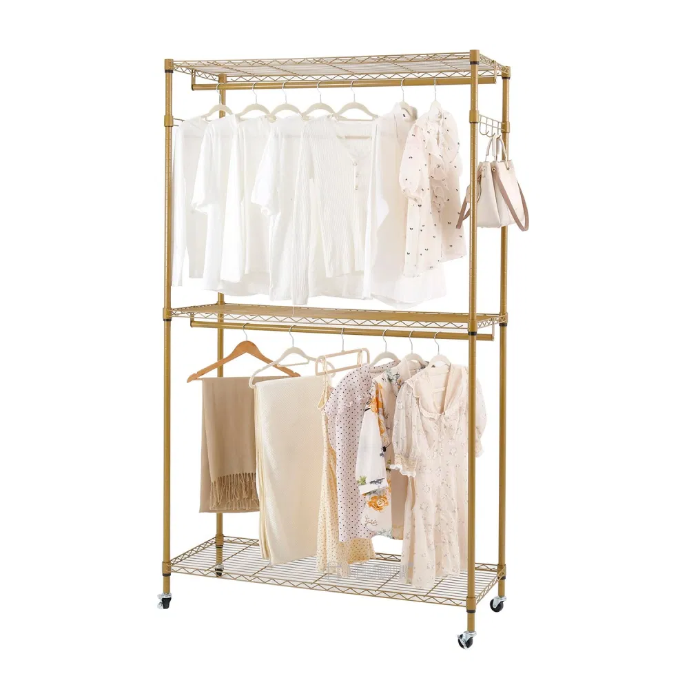 Modern Metal Clothes Rack Bedroom Wardrobe Closet 3 Tier Heavy Duty Rolling Garment Rack for Hanging Cloth
