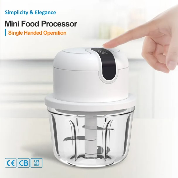 Baffle Design PS Cup Sticker Button 30W 1200mAh 1700rpm 350ml Electric Food Chopper with Offcenter Finger Groove Top