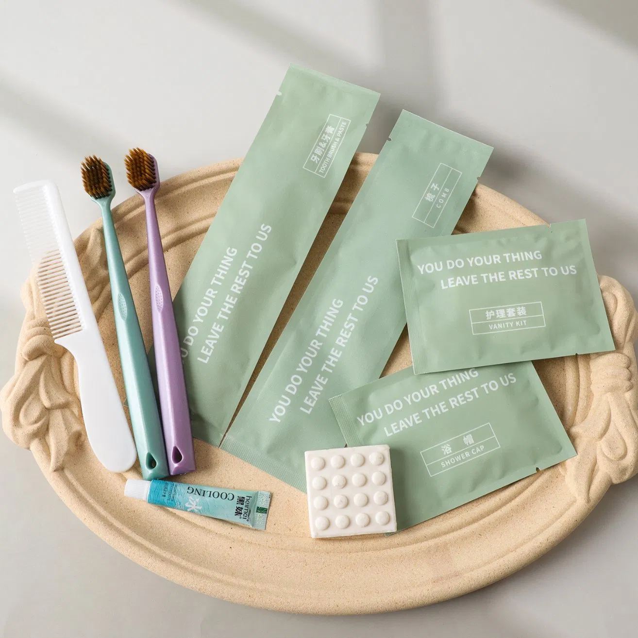 Wholesale Disposable Biodegradable Soft Plastic Three-Sided Sealed Starlight Brushed Green Luxury Hotel Supplies Set