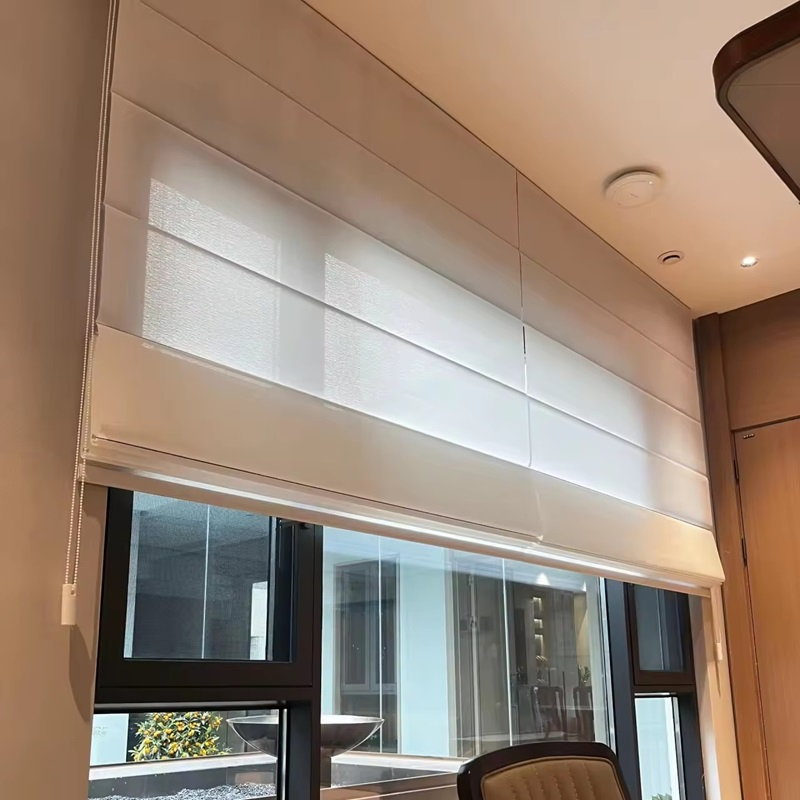 Linen Blend Fabric Room Darker Remote Pleated Roman Blinds