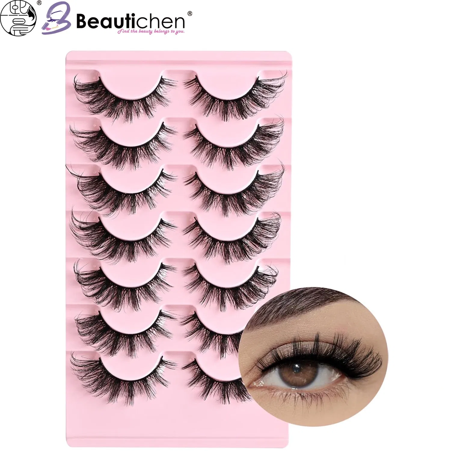 Beautichen 3D Faux Mink Eyelashes – 8 Pairs in Pink Tray – Fluffy, Curled & Natural Look for Daily and Glam Makeup