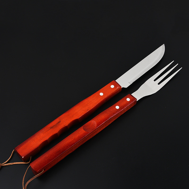 Wholesale Multifunctional Portable Grill Set Stainless Steel Wooden Handle Steak Knife, Fork and Spoon BBQ Tools Set
