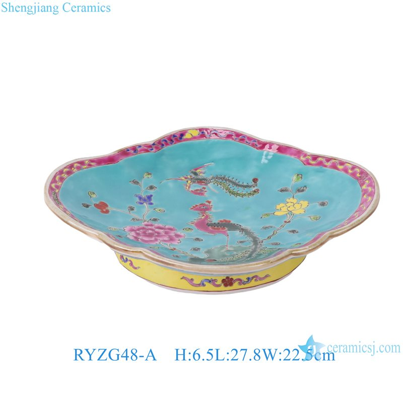 Ryzg48-a-B Jingdezhen Green Cabbage Bok Choy Pattern Background Phoenix Peony Pattern High Stand Fruit Ceramic Plate
