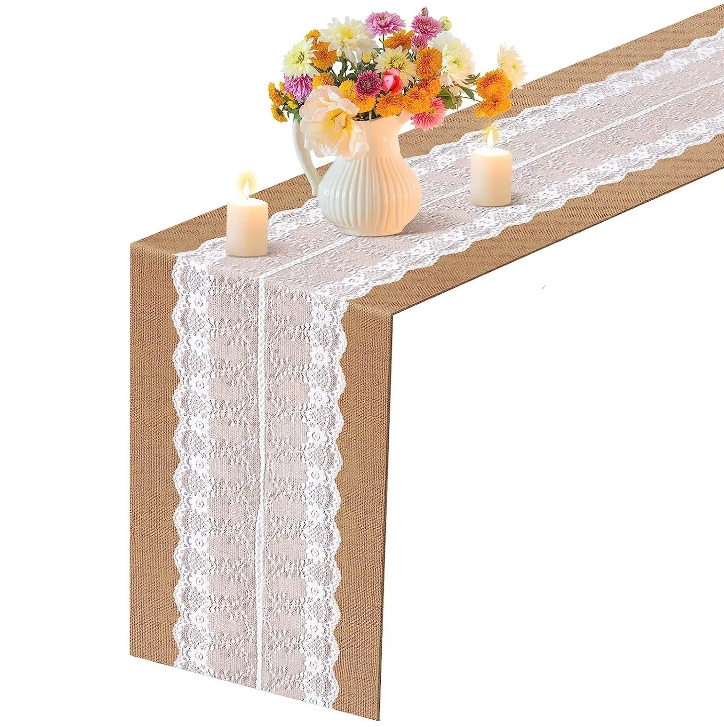 White Lace Natural Fiber Jute Wedding Table Runner