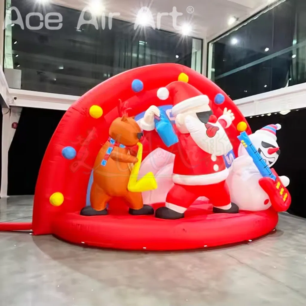 Inflatable Rock Stage with Cool Santa Playing Guitar Snowman and Music Reindeer Christmas Band Show