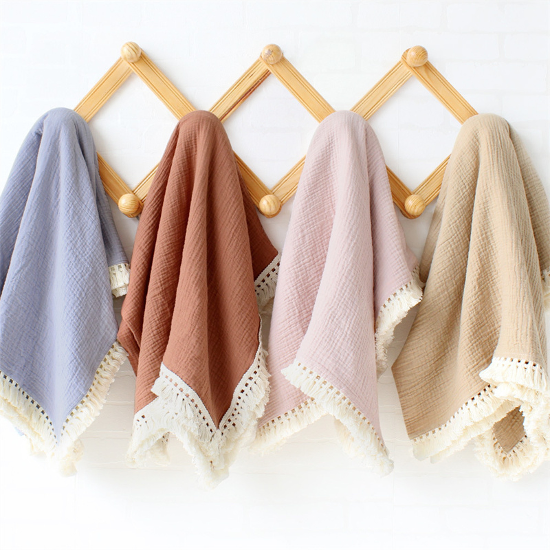 Double Layers Cotton Print Muslin Swaddle with Tassel Trim Baby Blanket