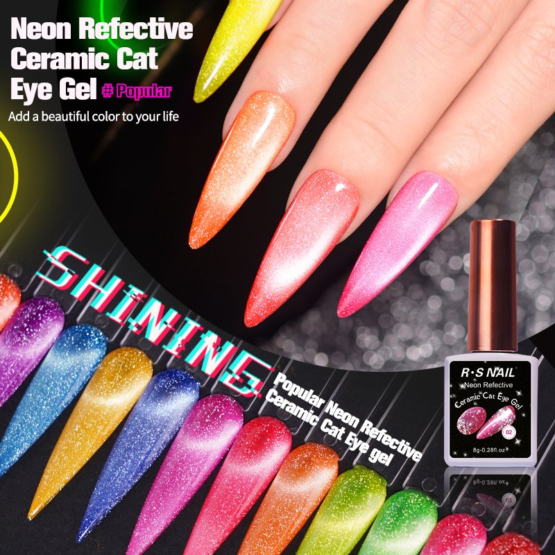 R S Nail Wholesales 8g Neon Reflective Ceramic Cat Eye Gel 12 Colors UV LED Magic Nail Semi Permanent Gel Polish Step Gel