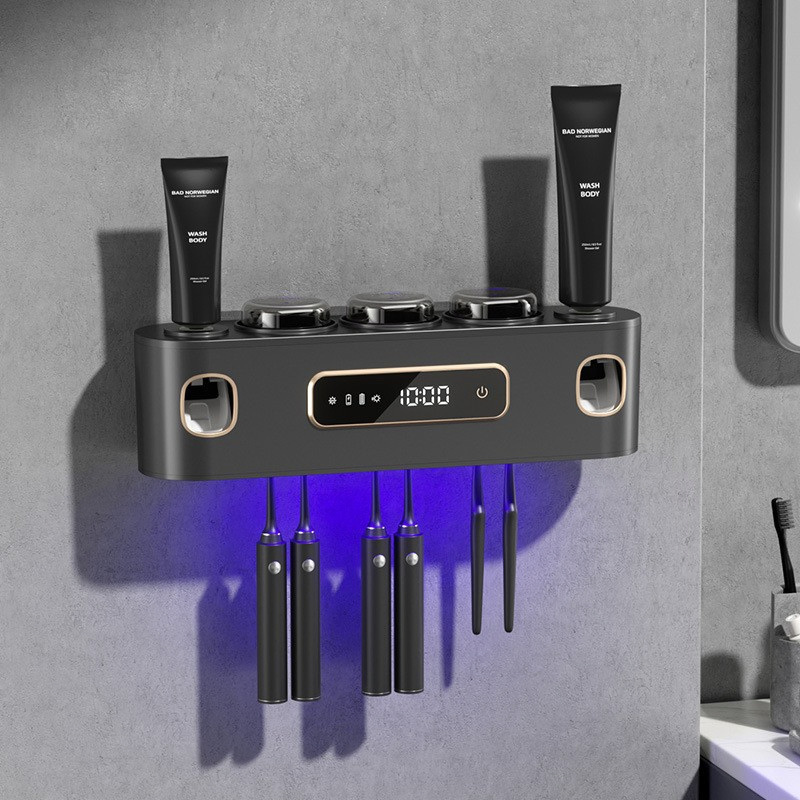 OEM Wall Mounted Sterilization and Drying Toothbrush Holder Bathroom Household UV Disinfection Cordless Sterilizer Storage Double Squeeze Toothpaste Dispenser