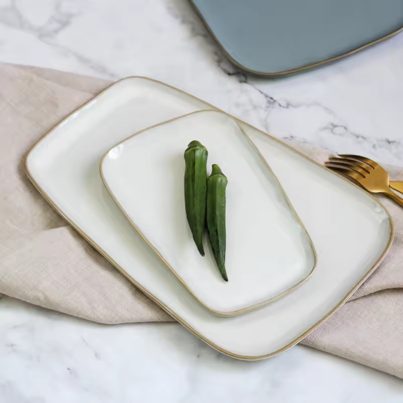 Stylish Nordic Stoneware Trapezoid Plate with Unique Reactive Glaze