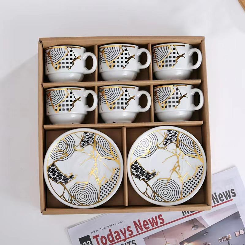 Wholesale Luxury Tea Cup Ceramic White Gold Pattern Coffee Milk Porcelain Cup and Saucer Set