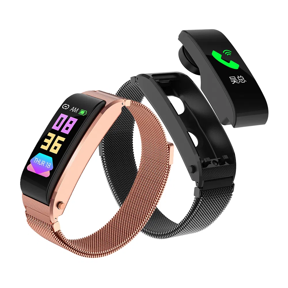 F2 Gold Stainless Strap Replaceable Strap Bluetooth Earphone Smart Bracelet