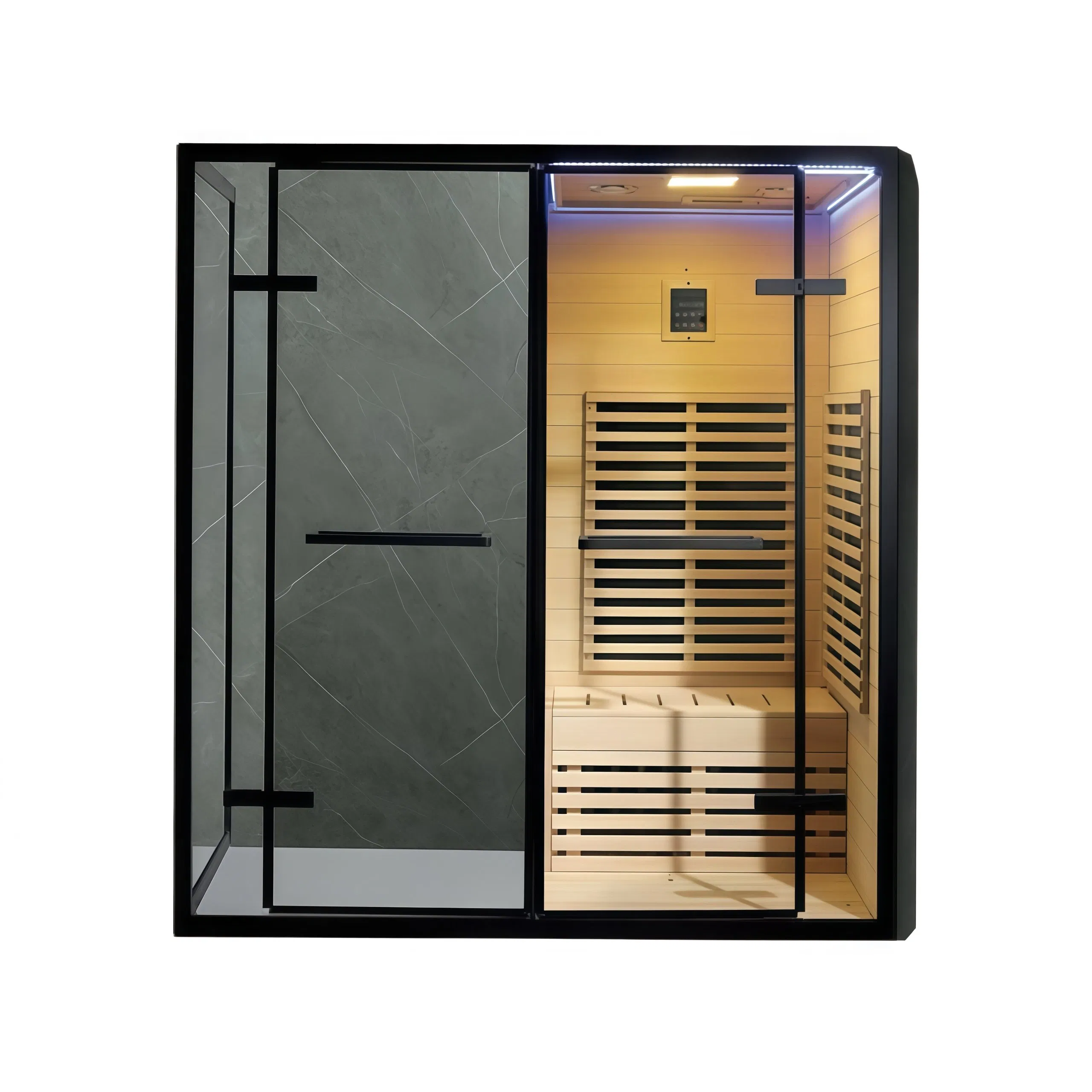 Современная сауна-душ с открытой дверью и стеклянной стенкой