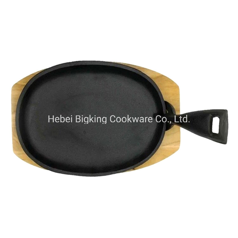 Detachable Handle Cast Iron Steak Sizzling Plate with Wooden Base