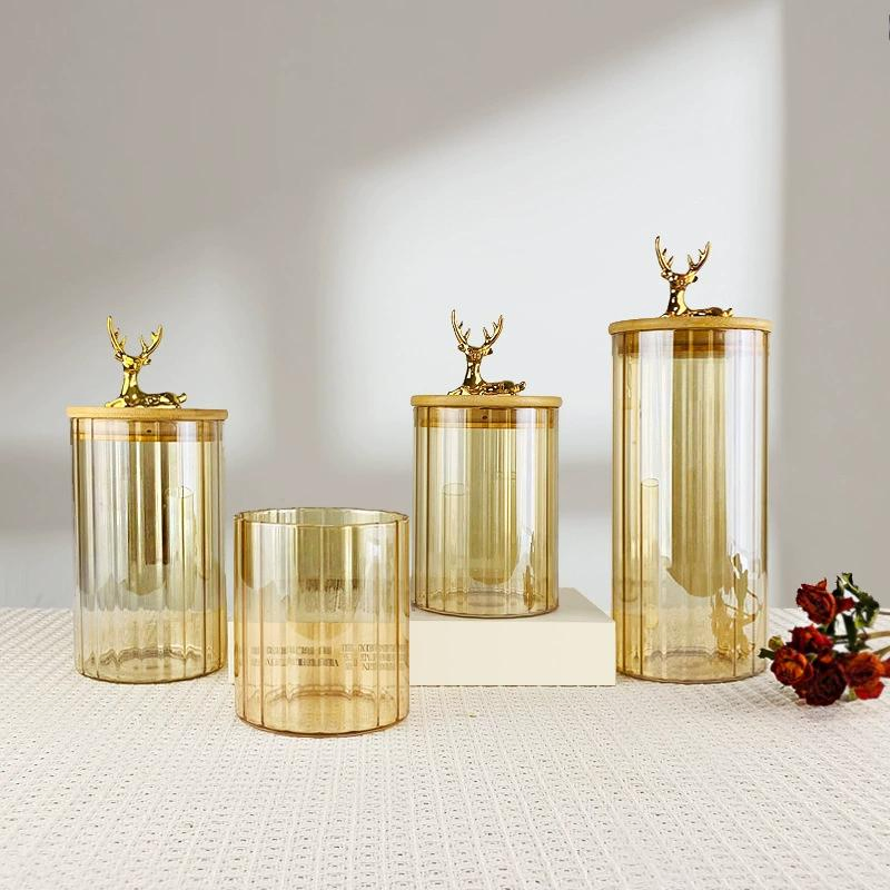 Amber Deer Head Striped Glass Storage Jar Kitchen Household Dried Fruit Coffee Bean Sealed Jar