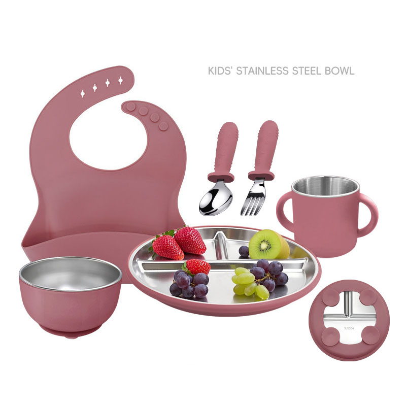 Children's Dining Silicone Tableware Set Baby Divided Stainless Steel Suction Plate for Toddler Food Feeding