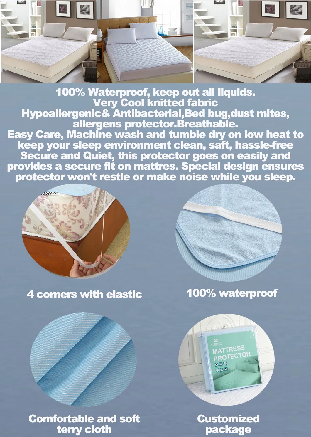 Waterproof Cooling Pad Noiseless Mattress Cover Hypoallergenic Elastic Anti-Mite Bed Bug Proof