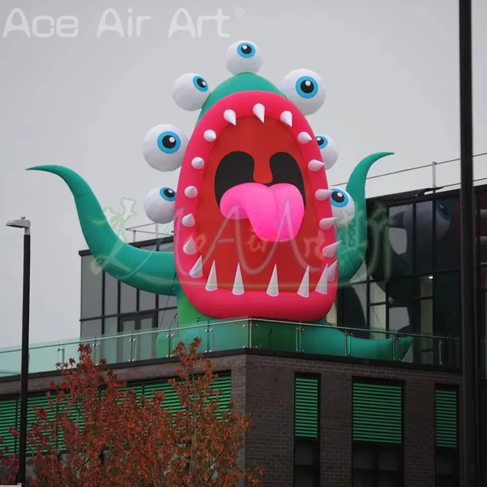 Giant 6mh Inflatable Cartoon Monster Eye with Red Tongue for Roof Halloween Party Festival Decoration