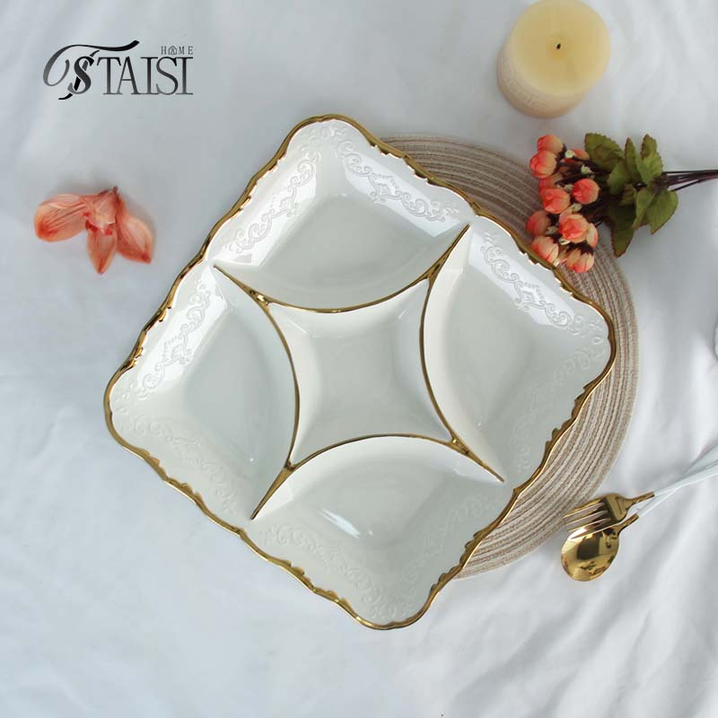 Ry008-Divided Plate 12 Inch Porcelain Dinnerware Irregular Dishes 6 Compartment Ceramic Divided Plate for Party Entertaining
