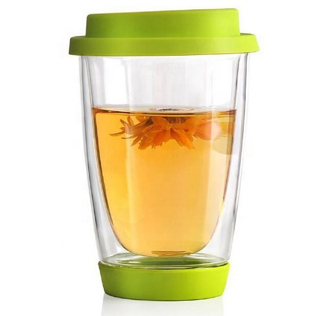 High Borosilicate Glass Double Wall Coffee Cup with Silicon Lid