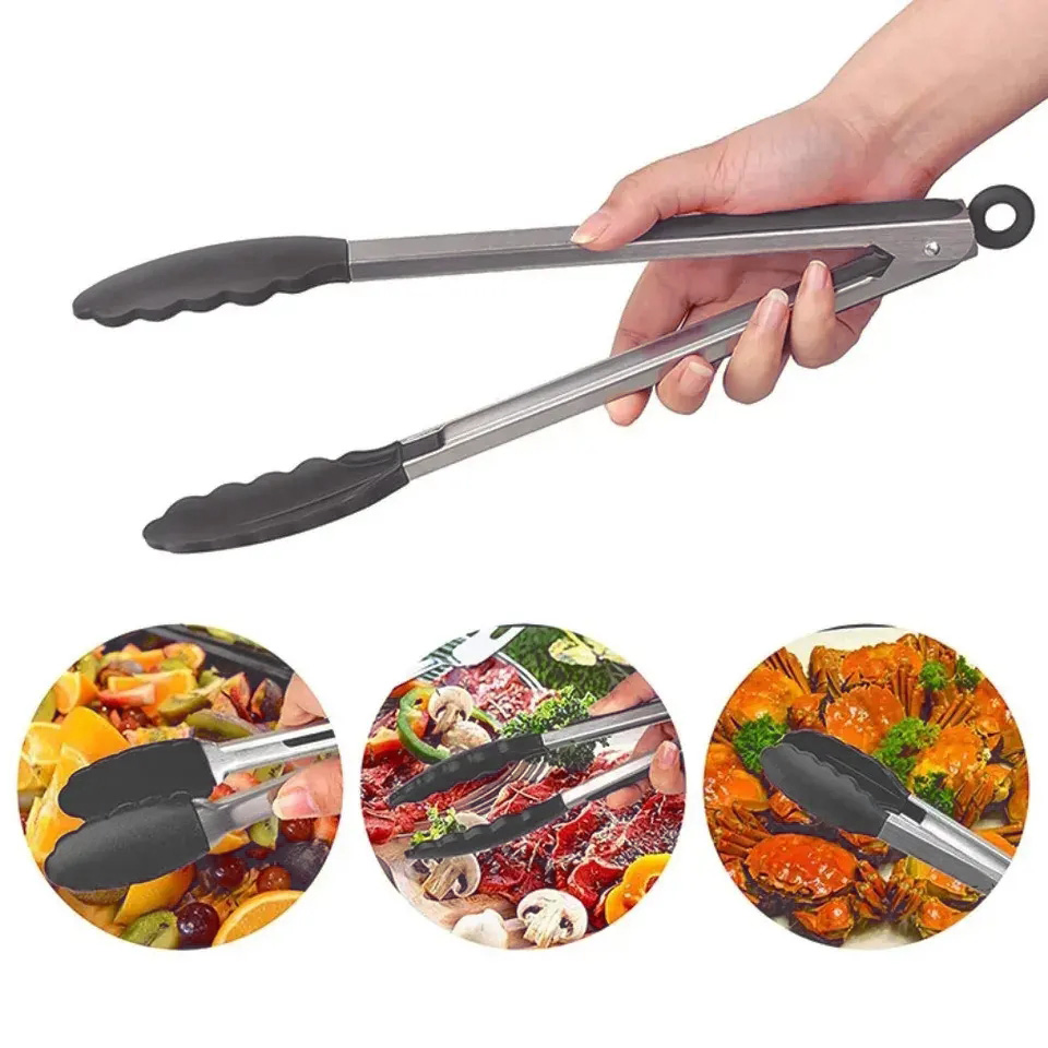 High Quality Food Grade Silicone+Stainless Steel Kitchen Tongs Customized
