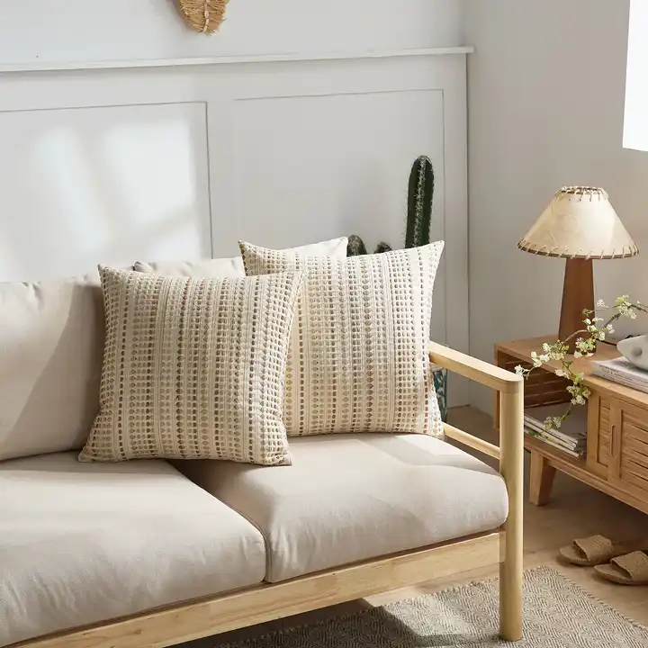 Boho Throw Cushion Cover Woven Tufted Farmhouse Pillows Cover with Tassels Textured Striped Cushion Case Neutral Pillow Cases