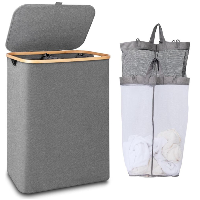 Sturdy Tall Bamboo Laundry Basket Clothes Organizer with Inner Bags