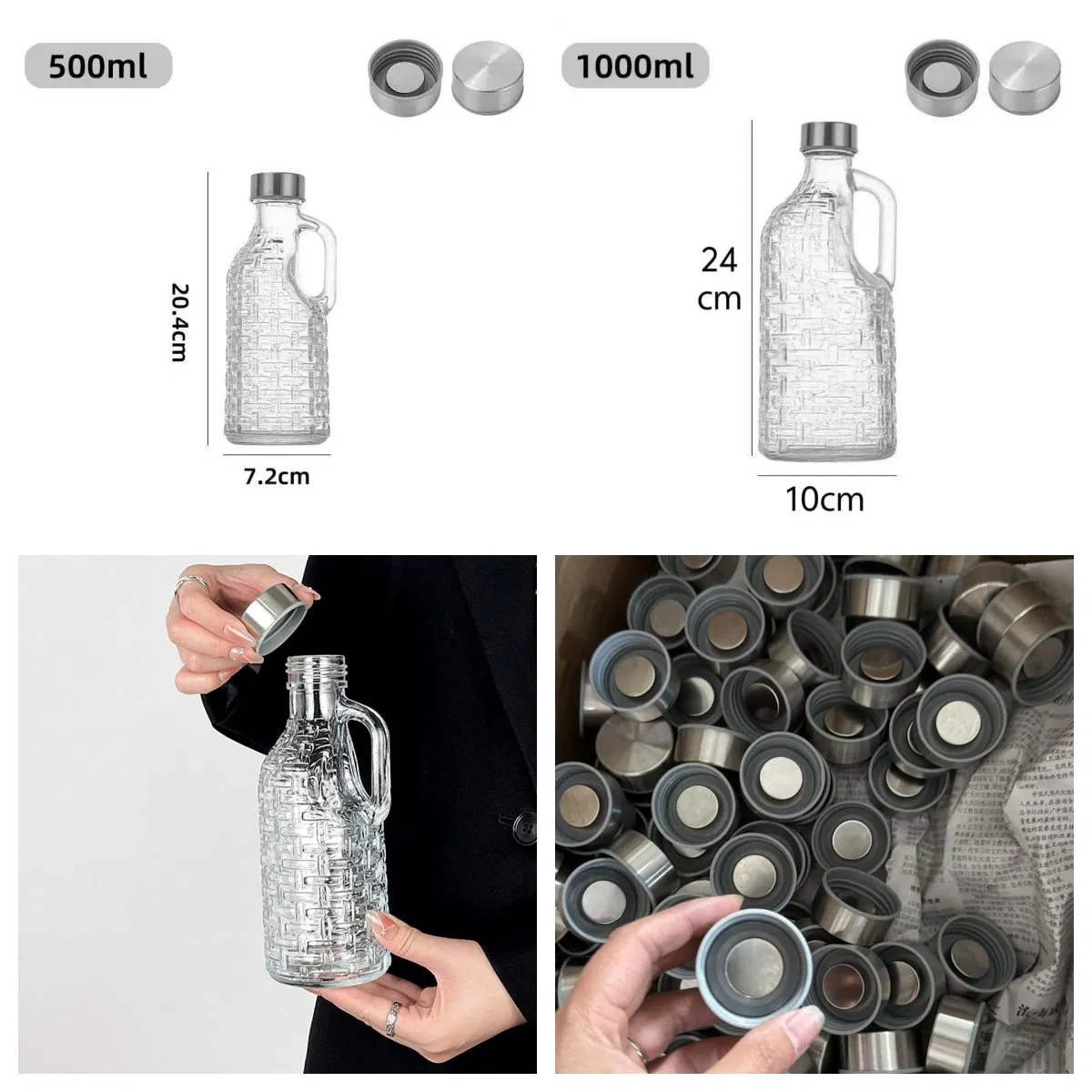 1L 500ml Glass Milk Bottles with Lids Airtight Thick Reusable Glass Pot Leakproof Glass Jug with Cap