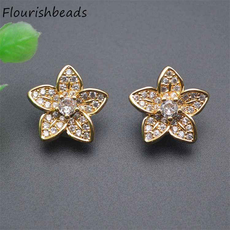18K Gold Plated CZ-Paved Five Petal Flower Shape Spacer Beads DIY Jewelry