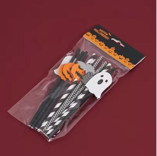 Halloween Party Paper Straws with Pumpkin, Cat, and Ghost Designs