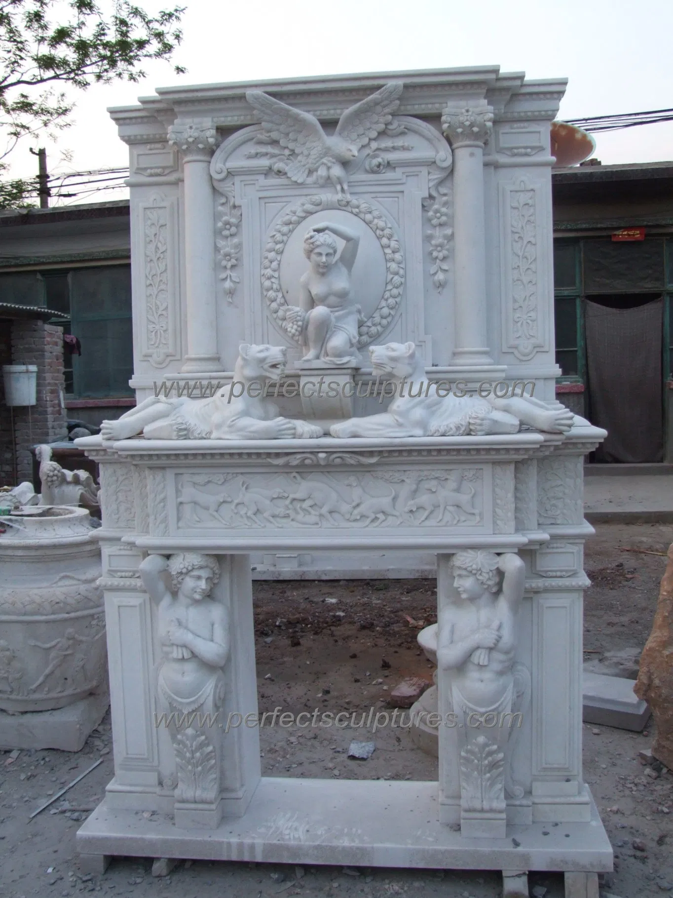 Fabulous Large Big White Marble Double Fireplace Mantel for Indoor (QY-LS612)