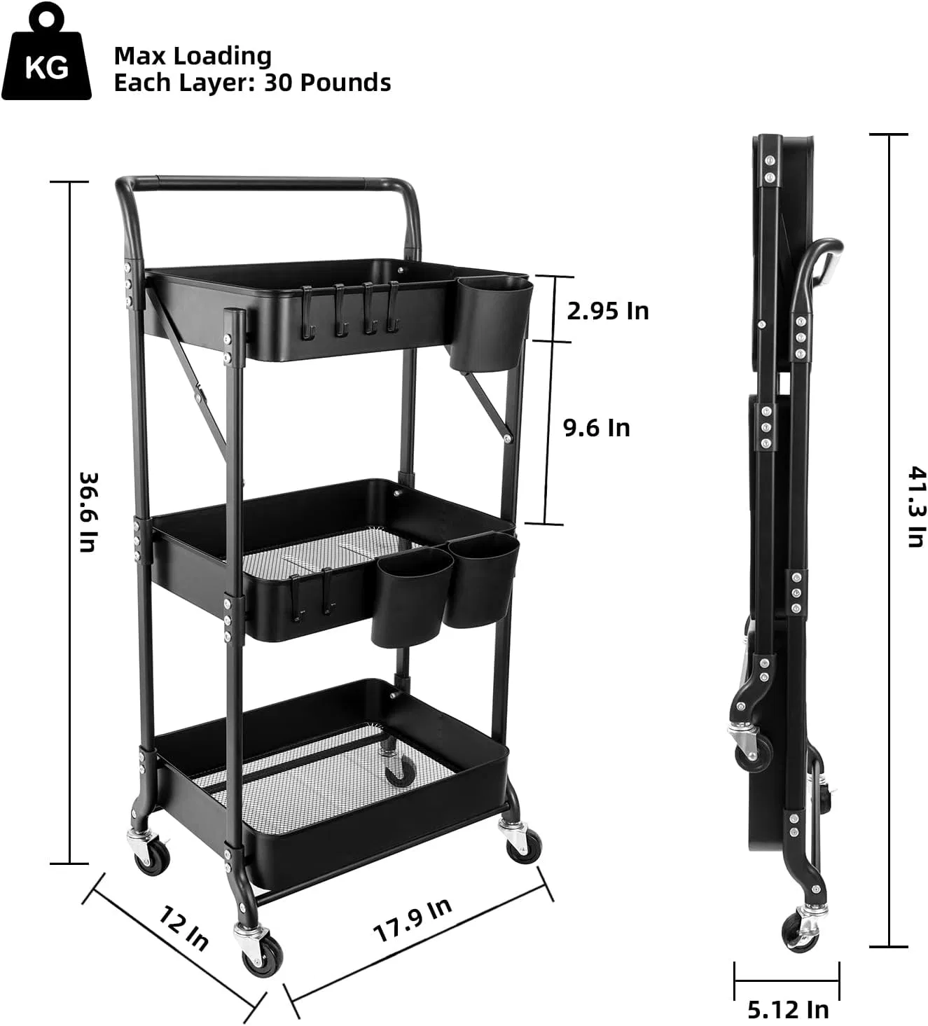 3-Layer Foldable Rolling Cart with Wheels, Foldable Multi-Function Storage Rack, Black, Factory Price