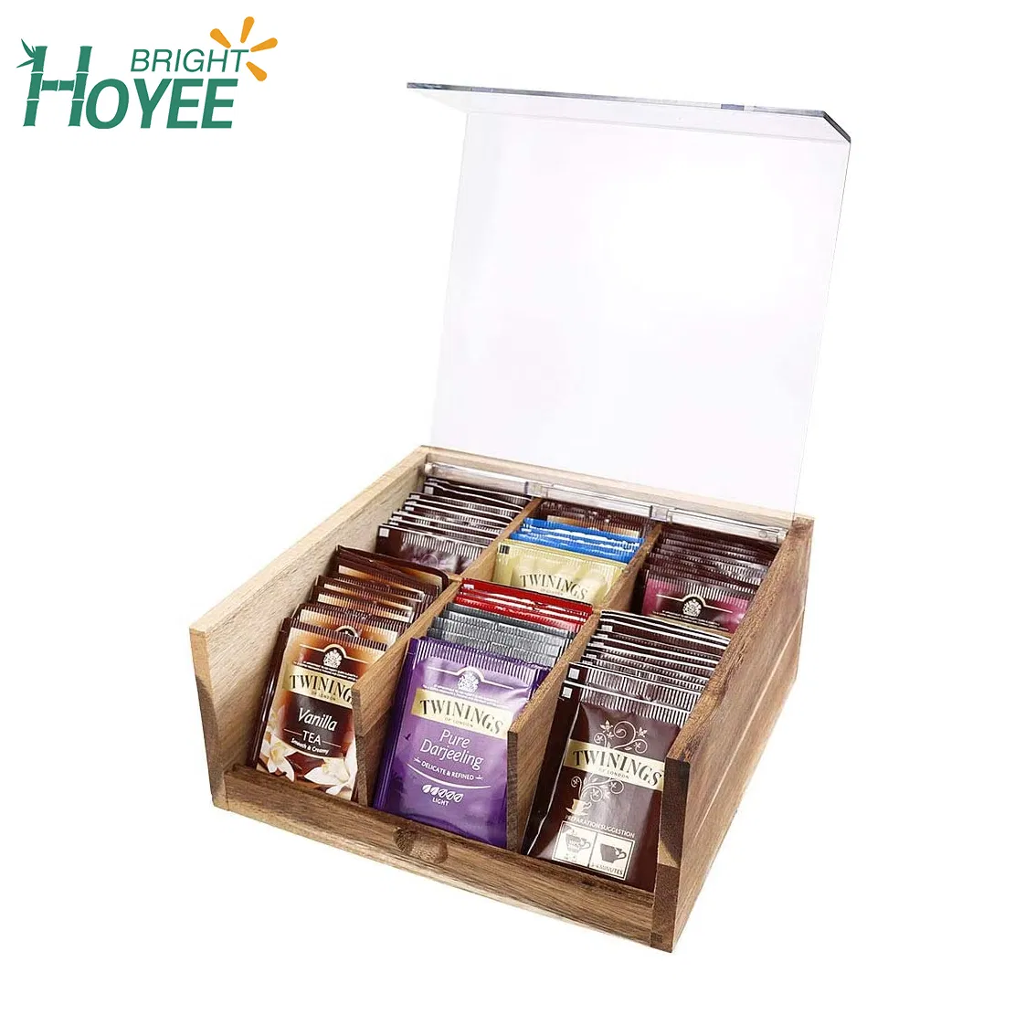 Acacia Wood Tea Bag Organizer Storage Box 6 Compartments Tea Chest Box with Acrylic Transparent Hinged Lid
