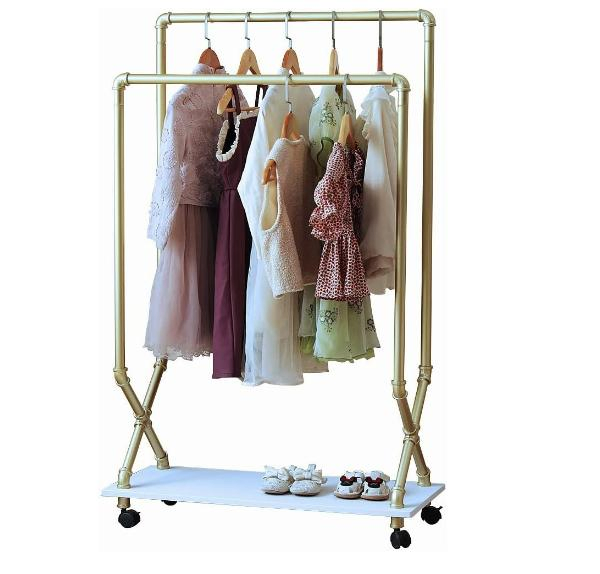 Industrial Golden Pipe Wall Mounted Towel Clothing Hanging Shelves Type E Storage Metal Garment Rack for Clothes Retail Display