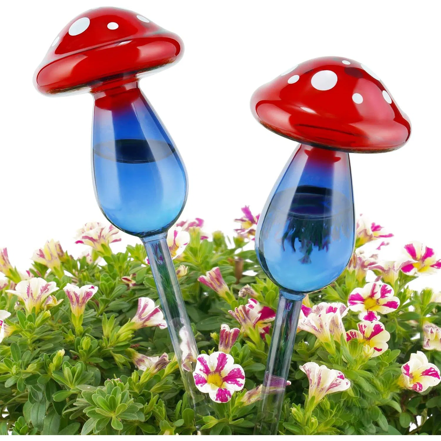 10" Long Gradient Red Blue Hand-Blown Glass Globe Pot Plant Waterer