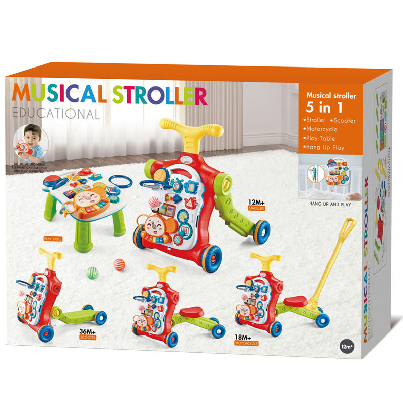 Amazon Hot Sell 5 in 1 Activity Learning Table Trolley Ride on Toys Kid Scooter Stroller Baby Walker with Wheels and Seat Music