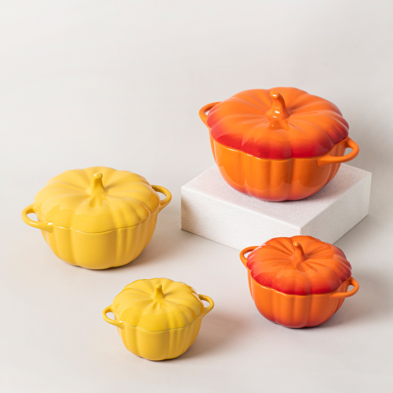 Halloween Ceramic Pumpkin Bowl with Lid Double Ear Children's Soup Bowl