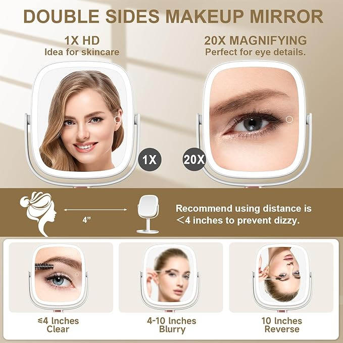 Avocado LED Makeup Mirror 1X/20X Magnifying Vanity Mirror Height Adjustable & 360° Rotation