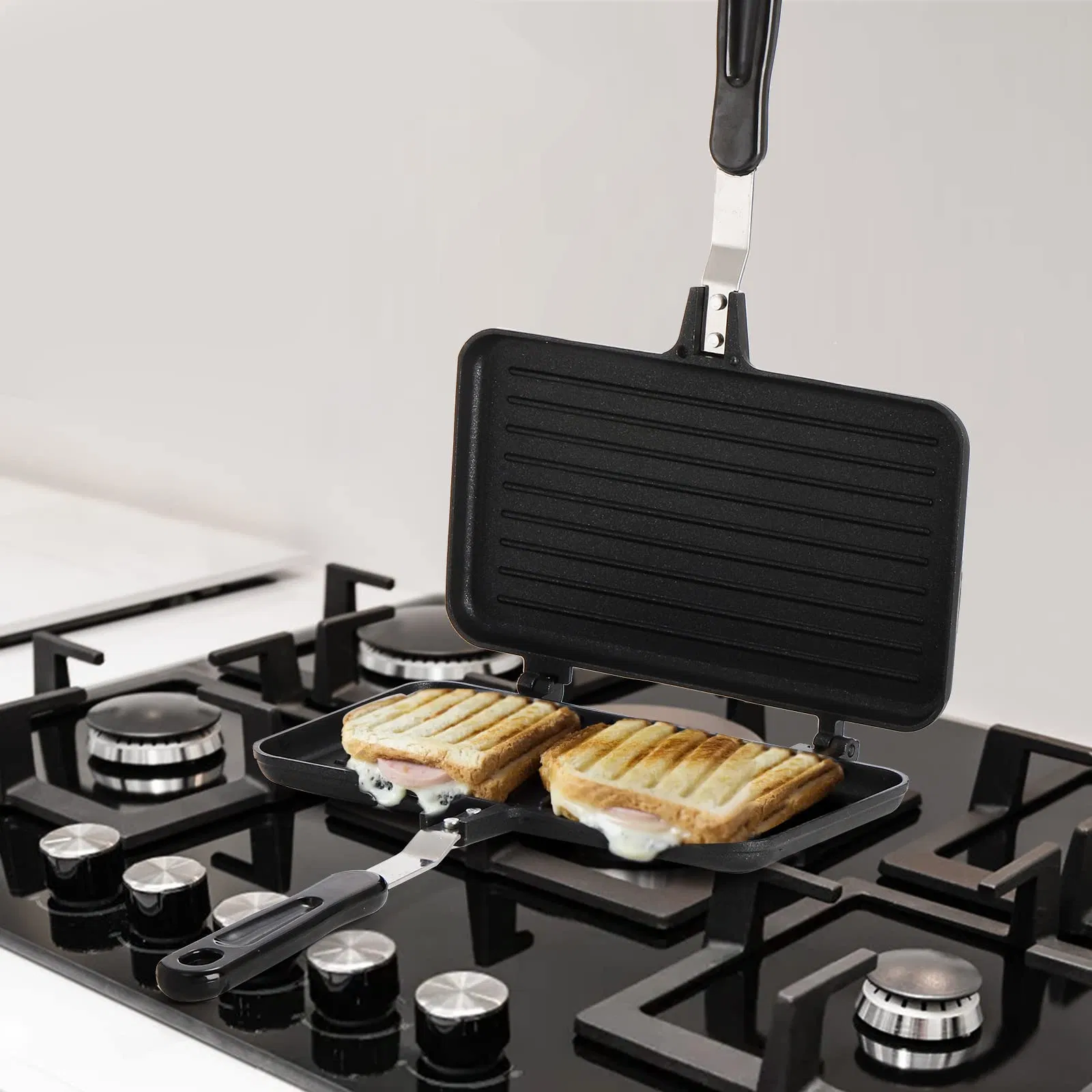 Home Stovetop Toasted Aluminum Flip Handle Pan Non-Stick Gril Panini Sandwich Maker