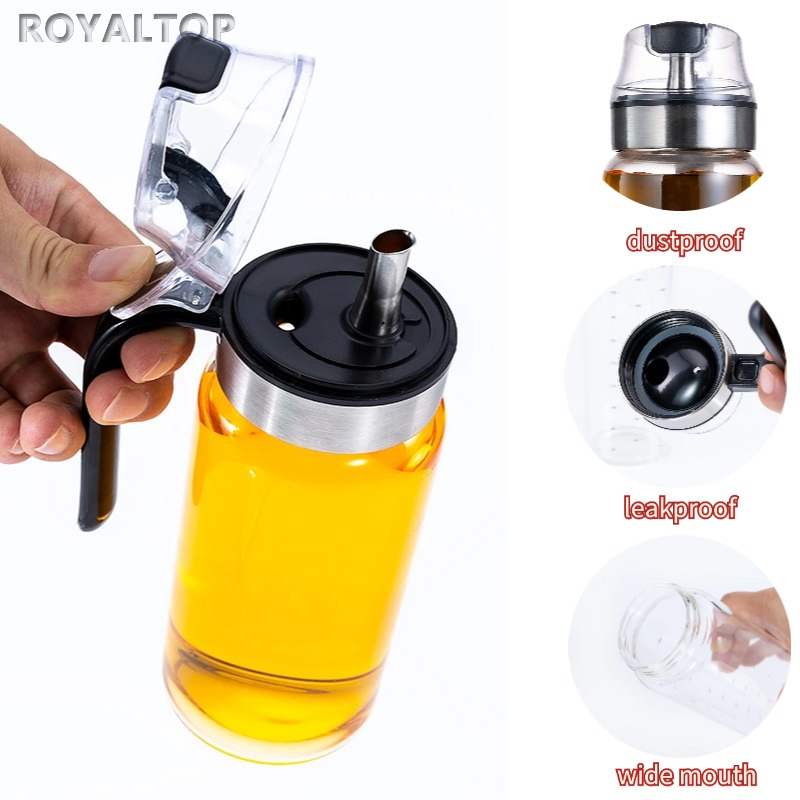 Kitchen Clear 12oz Borosilicate Glass Cooking Oil Bottle Jar Auto Flip Top Vinegar and Olive Oil Dispenser with Black Handle