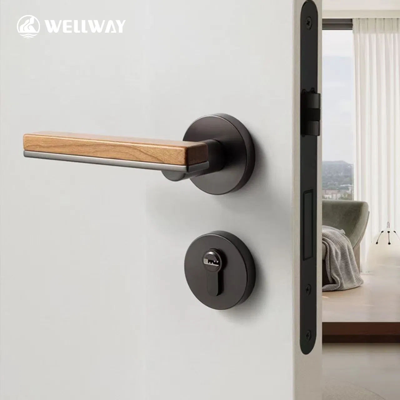 Black Brushed Zinc Alloy Square Lever Handle with Walnut Wood Insert and Round Rosette for Interior Door Wenzhou Factory China Factory OEM Premium - 1065r65