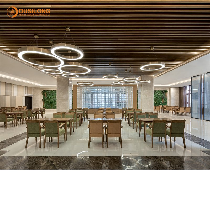 Natural Wood Grain Finish Extrusion Profile Slat Panel Metal Aluminum Baffle Ceiling for Dining Hall