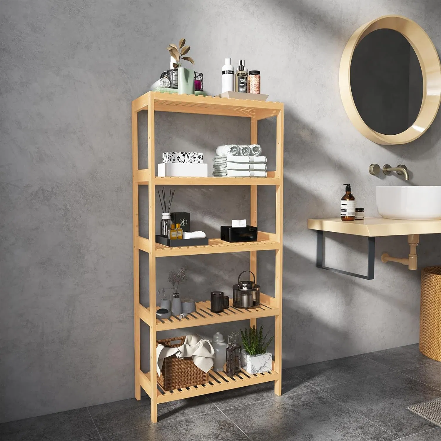 Bamboo Household Simple Five Story Floor Standing Bathroom, Living Room, Bedroom Bamboo Shelf, Storage Rack