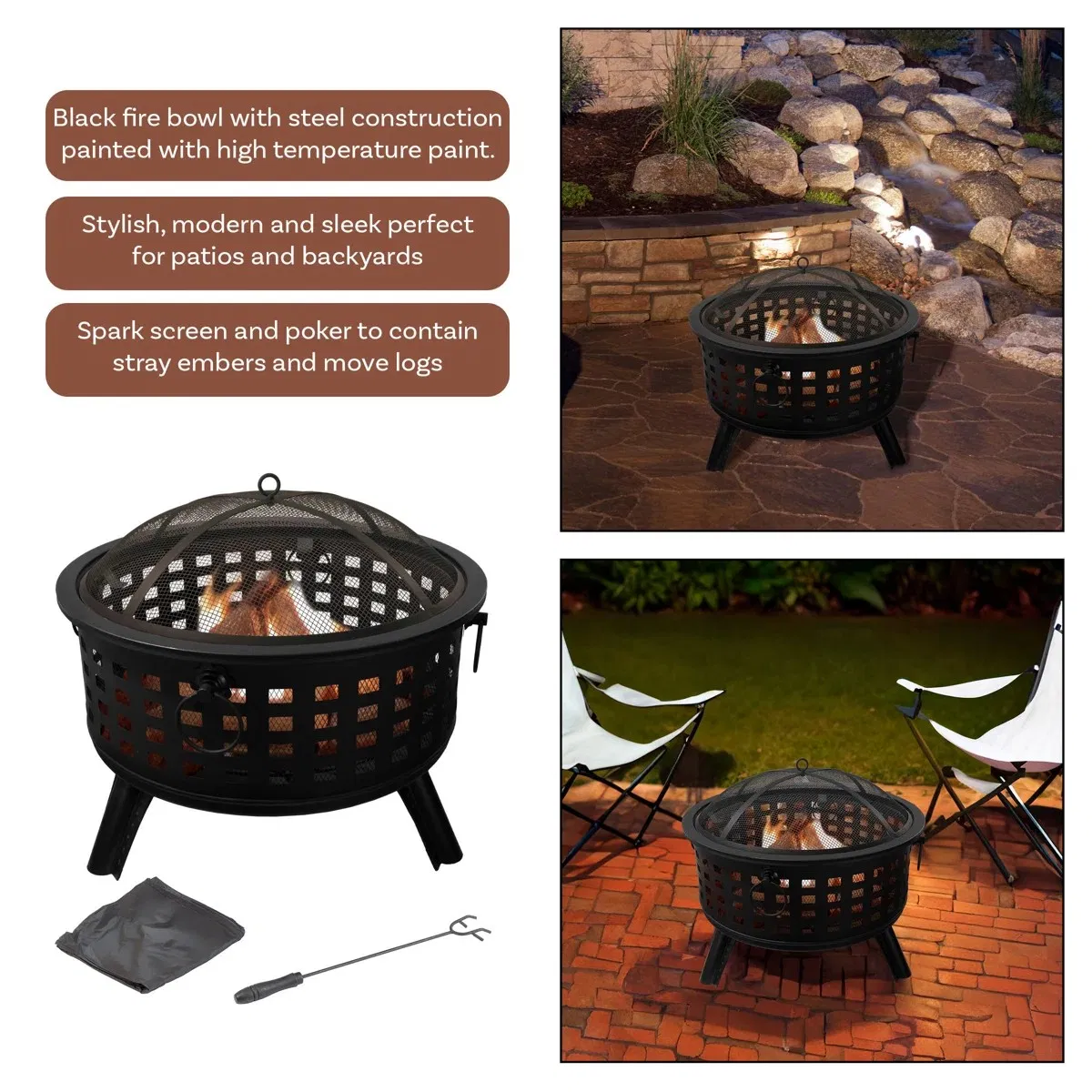 Outdoor Steel Fire Pit 26 Inch Round Wood Burning Firepit with Screen